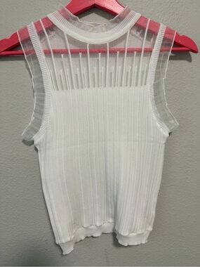 White Ribbed Knit Sheer Mock Neck Sleeveless Top Y2K Aesthetic